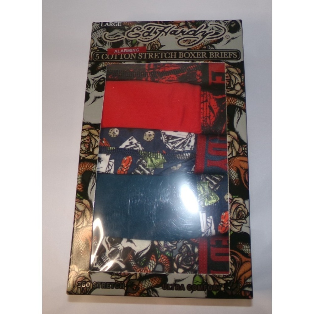 Ed Hardy Mens 5 Pack Cotton Stretch Boxer Briefs Skulls Tattoo Graphics LRG New